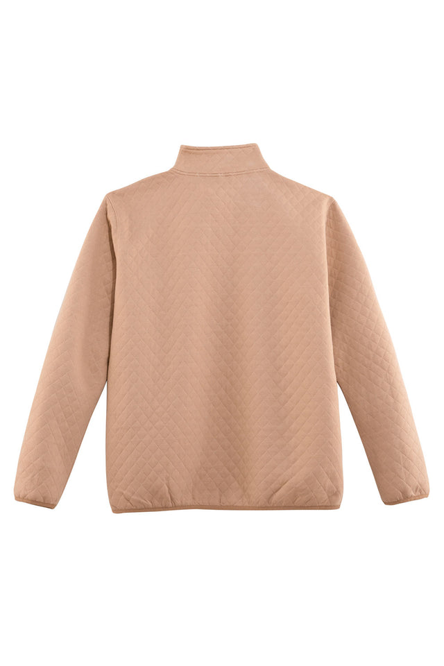 Back view of khaki men's quilted fleece pullover outdoor shirt