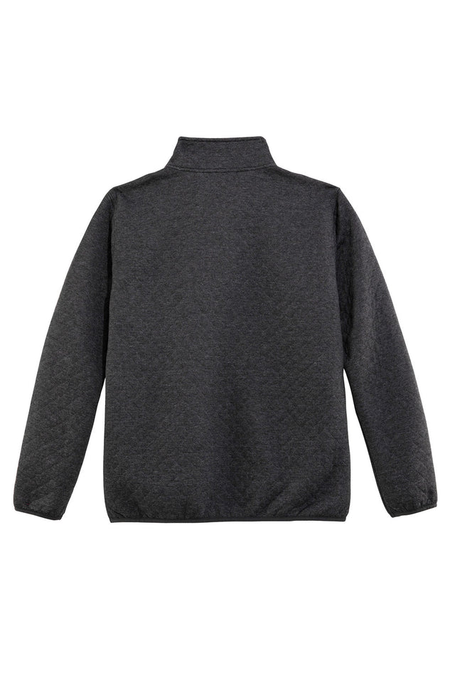 Back view of dark gray men's quilted fleece pullover outdoor shirt