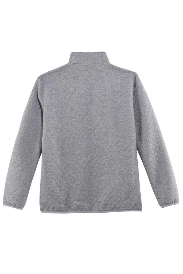 Back view of light grey men's quilted fleece pullover outdoor shirt