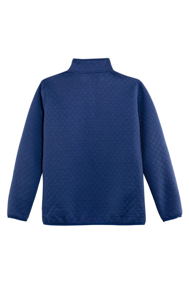 Back view of navy men's quilted fleece pullover outdoor shirt