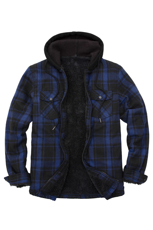 Front view of a deep blue black men's zipper flannel shirt jacket with a hood