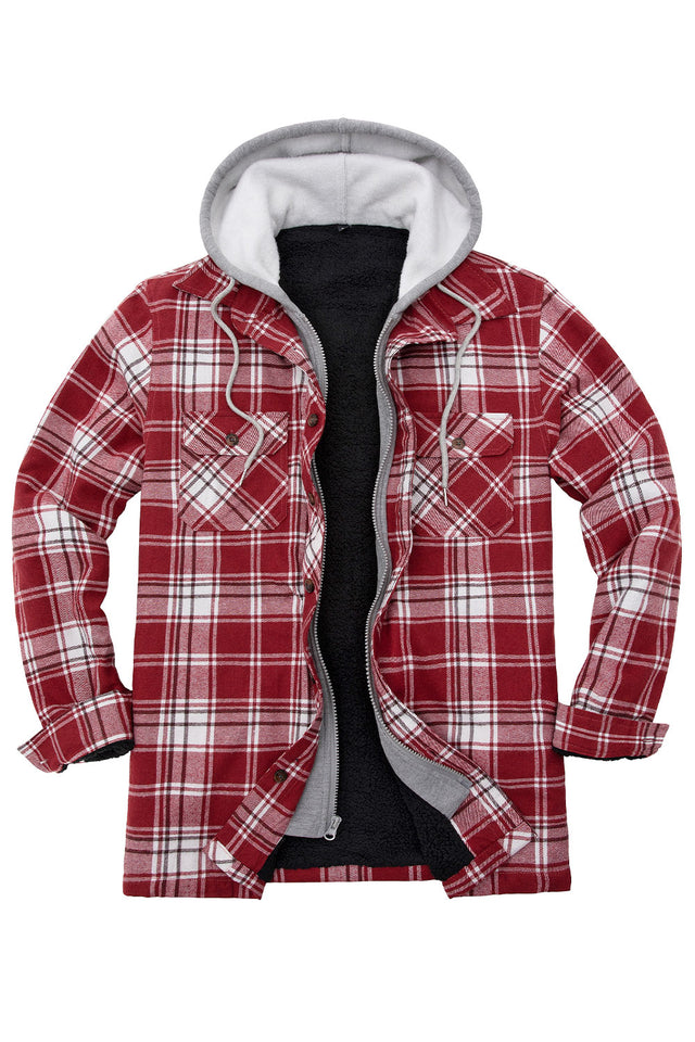 Front view of red white men's sherpa lined plaid flannel shirt jacket