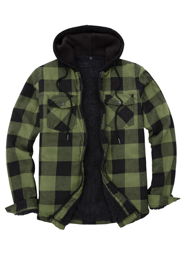 Front view of army green men's zipper flannel shirt jacket with hood
