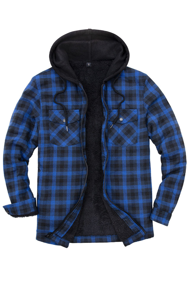 Front view of dark blue men's zipper flannel shirt jacket with hood