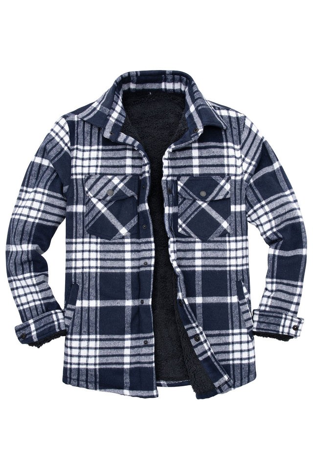 Front view of navy white men's warm thick flannel shirt jacket