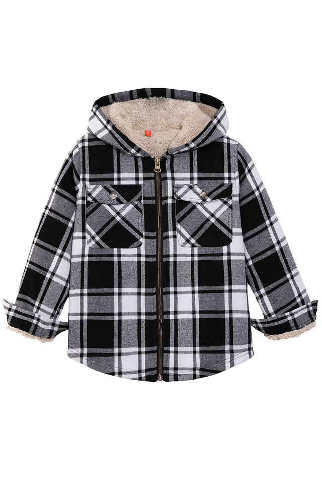 Front view of girls black white hooded flannel jacket