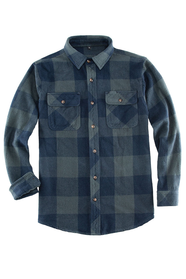 Front view of button closed ink green men's stalwart heavyweight flannel shirt