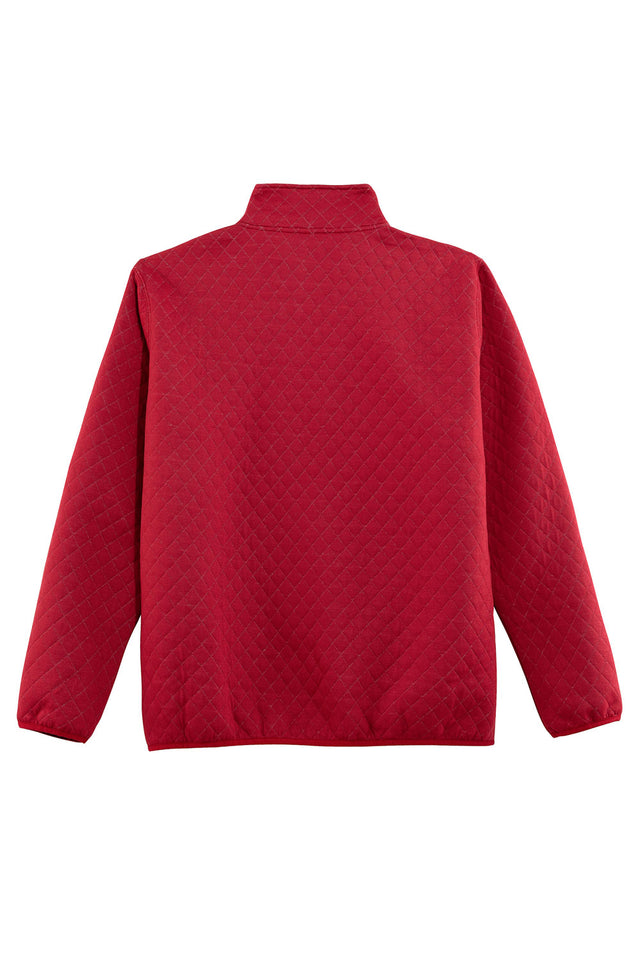 Back view of red men's quilted fleece pullover outdoor shirt