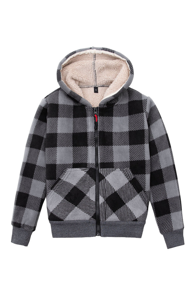 Front view of kids cherecked grey sherpa lined hooded jacket