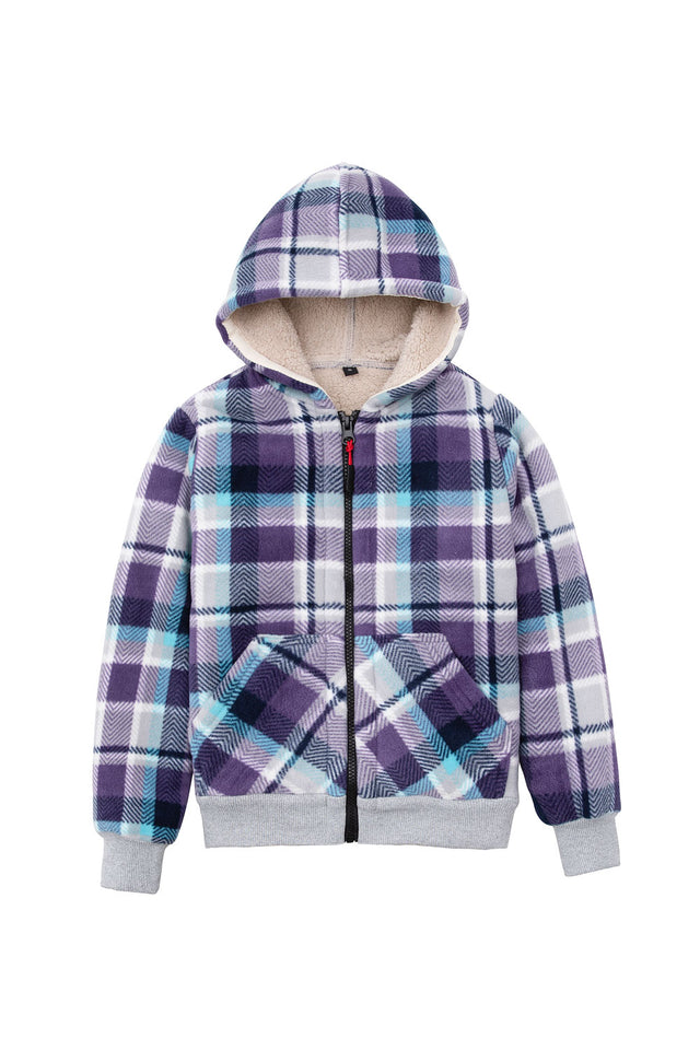 Front view of kids purple sherpa lined hooded jacket