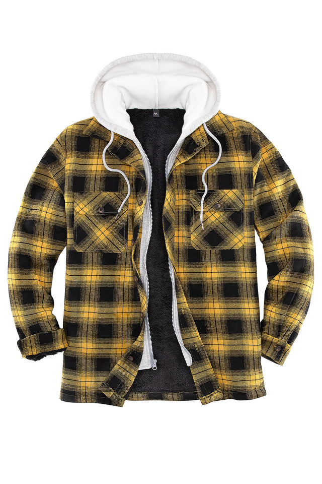 Front view of yellow men's sherpa lined plaid flannel hoodie