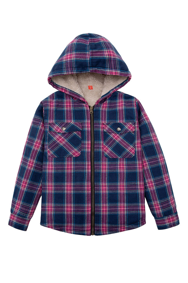 Front view of girls navy pink hooded flannel jacket