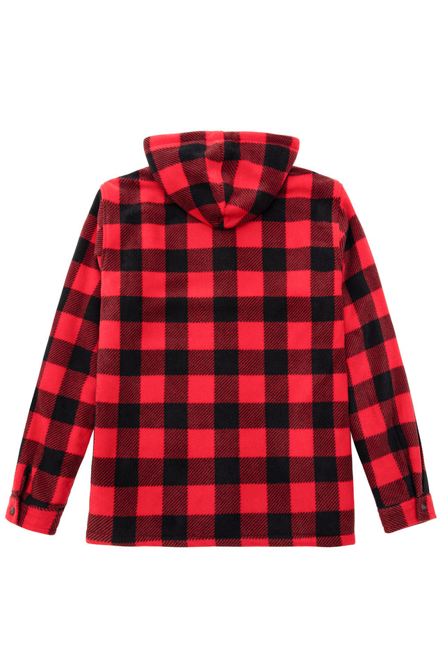 Front view of men's red fleece lined coat with hood