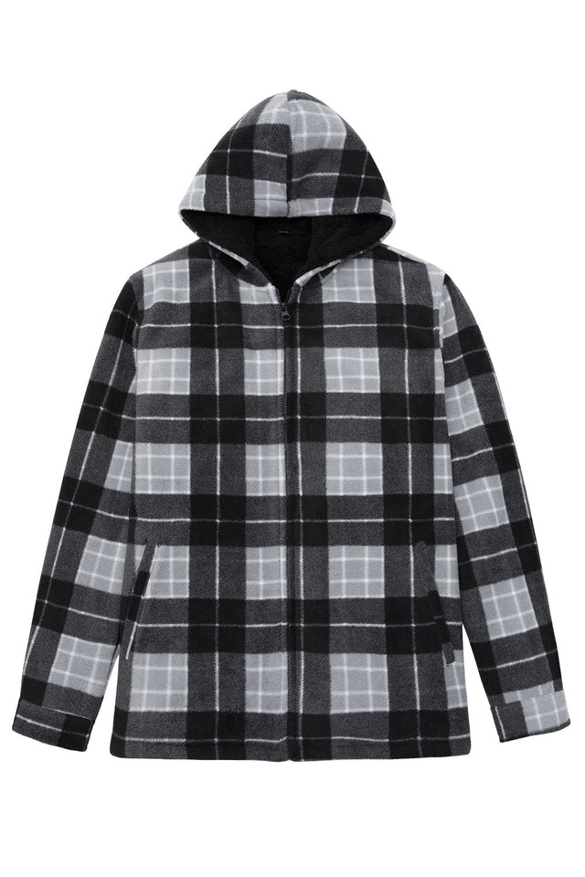 Front view of men's black gray fleece lined zip up hoodie