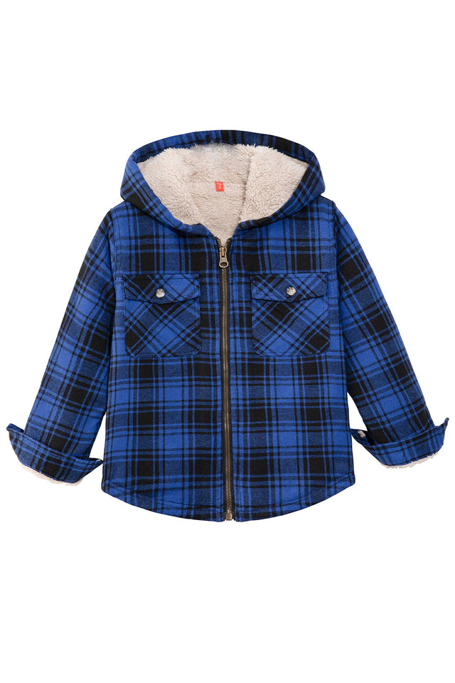 Front view of boys blue flannel jacket