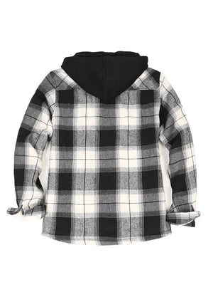 Back view of a women's white black plaid soft plaid jacket with fleece hood