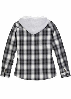 Back view of a women's black white sherpa lined flannel plaid hooded jacket