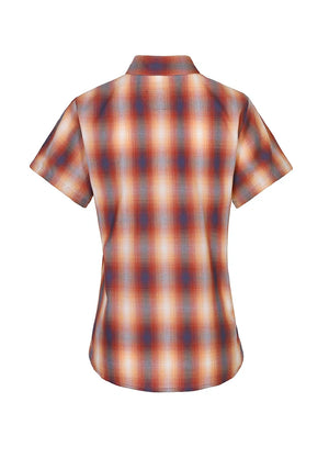 Back view of a women's button up tan plaid short sleeve shirt