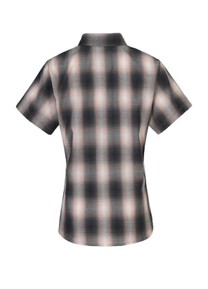 Back view of a women's button up pink grey plaid short sleeve shirt