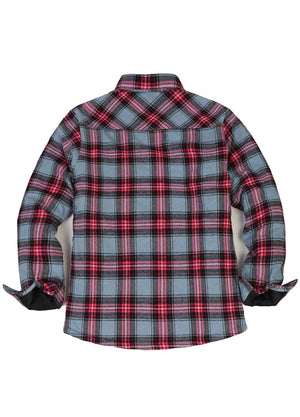 Back view of a womens full-zip pink blue shirt jacket with quilted lined