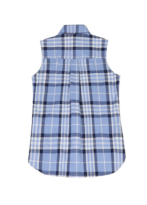 Back view of a women's lightweight soft snap-button blue plaid vest