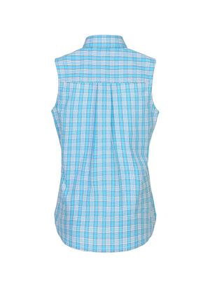 Back view of a women's lightweight soft snap-button baby blue plaid vest