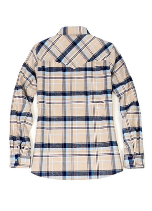 Back view of a women's long-sleeves khaki navy western flannel plaid shirt