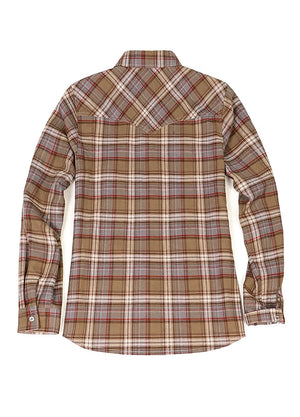 Back view of a women's long-sleeves chocolate western flannel plaid shirt