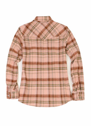 Back view of a women's long-sleeves pink western flannel plaid shirt