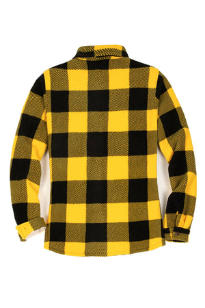 Back view of a women's yellow black warm plaid shacket with sherpa lined