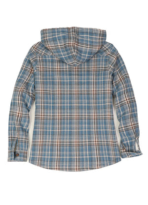 Back view of a womens blue beige winter flannel plaid jacket with hood