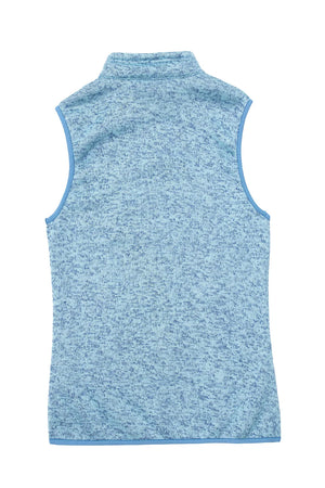 Back view of a womens baby blue cozy sweater fleece vest with zip-up