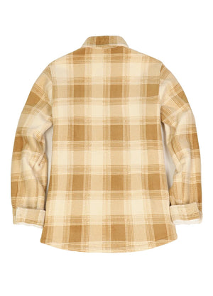 Back view of a womens yellow warm plaid shacket with sherpa lined