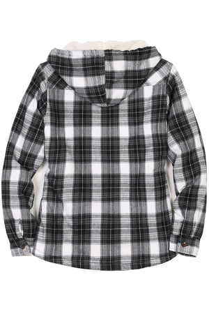 Back view of a womens gray and white long sleeves soft plaid jacket with hood