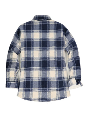 Back view of a womens blue black plaid shacket with sherpa lined
