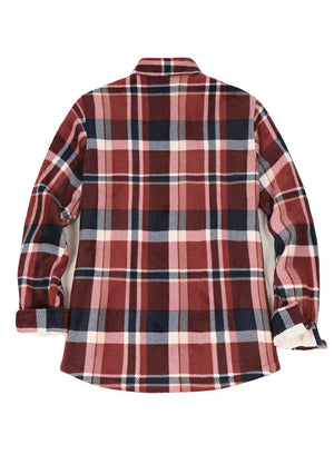 Back view of a womens red wood warm plaid shacket with sherpa lined