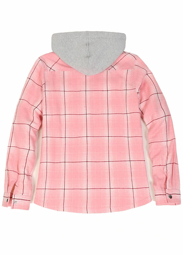 Women's Sherpa-Lined Snap Button Flannel Jacket with Fleece Hood