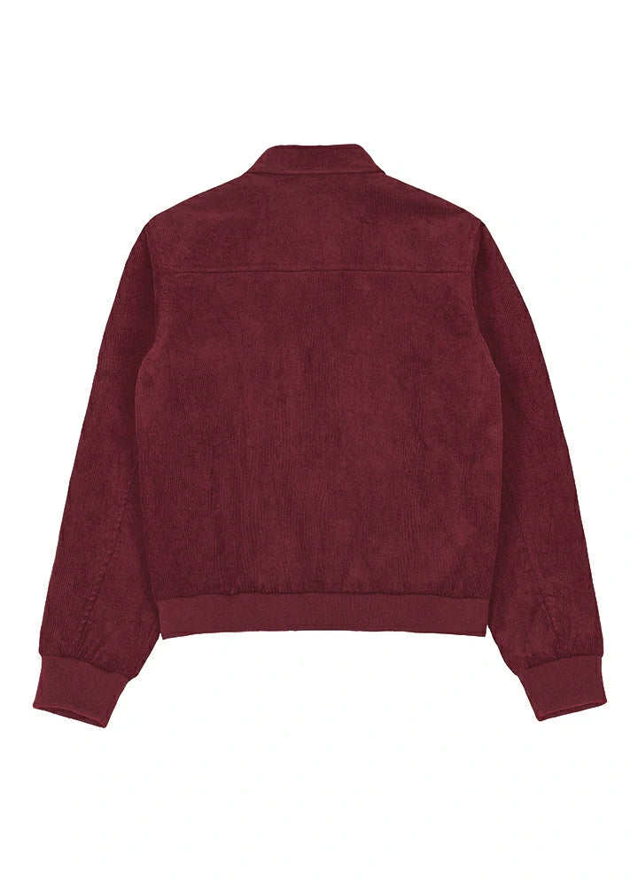 Back view of a womens burgundy zip up corduroy jacket with long sleeves-XR811WE-S,XR811WE-M,XR811WE-L,XR811WE-XL