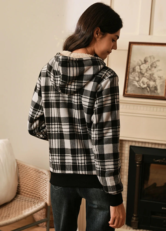 Women s Sherpa Lined Hoodie Jacket Plaid Zip Up Hooded Sweatshirt FlannelGo