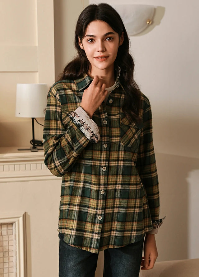 Green plaid shirt womens top