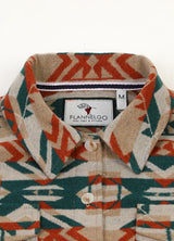 Close-up of the collar on a women's khaki aztec shacket