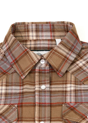 Close-up of women's chocolate snap-button cotton flannel shirt collar
