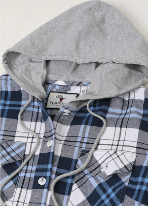 Close-up of womens button-down white blue plaid flannel hooded shirt hood
