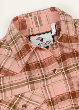 Close-up of womens pink snap-button cotton flannel shirt collar