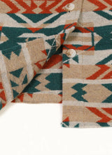 Detailed view of the placket on a women's khaki aztec wool-blend shirt jacket