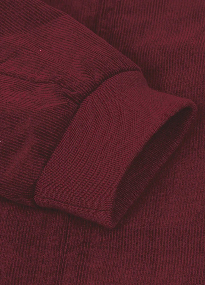 Detailed view of women's full zip up cozy burgundy corduroy jacket cuffs-XR811WE-S,XR811WE-M,XR811WE-L,XR811WE-XL