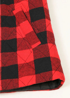 Detailed view of womens red black winter quilted plaid flannel vest zipper