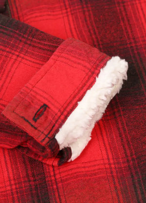 Detailed view of womens red sherpa lined plaid flannel hooded roll cuffs