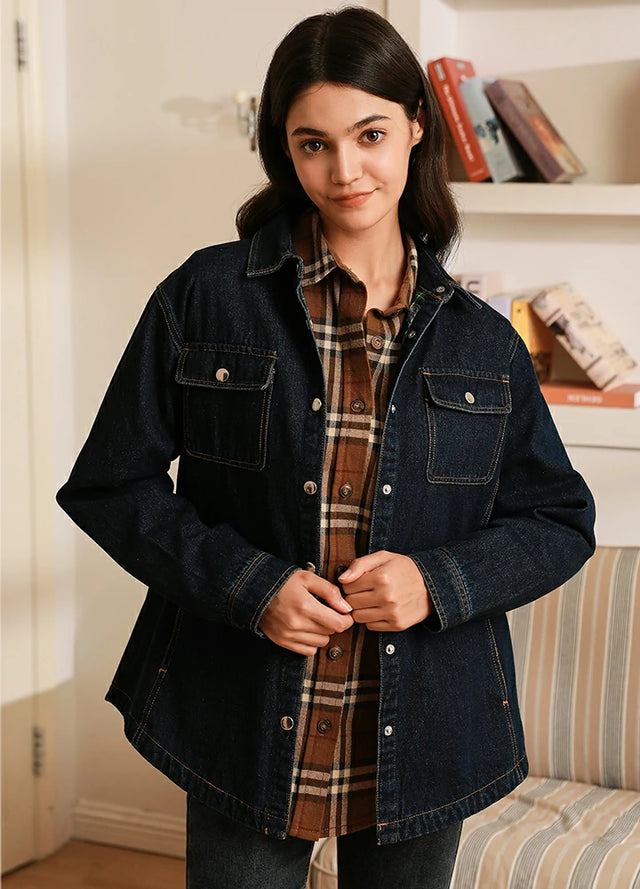 Women s Flannel Lined Denim Shirt Jacket Snap Jean Shacket FlannelGo