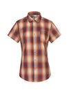 Front view of a women's tan summer cozy plaid shirt with button up